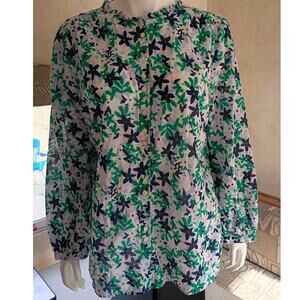 TALBOTS XL Green Blue Floral Cotton Blouse Quietlux Resort Coastal Grandma